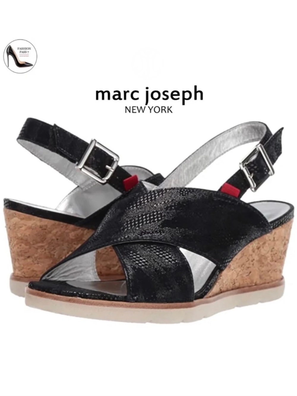 Marc Joseph Myrtle Black Leather Glaze Slingbacks Wedge Sandals Made in Brazil 9